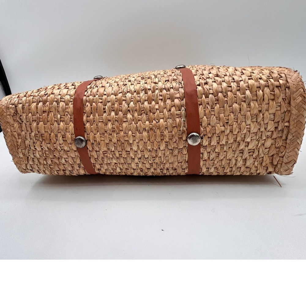 Vintage Woven Straw Floral Embroidered Satchel Bag Boho Cottagecore Natural Tan - Picture 10 of 11